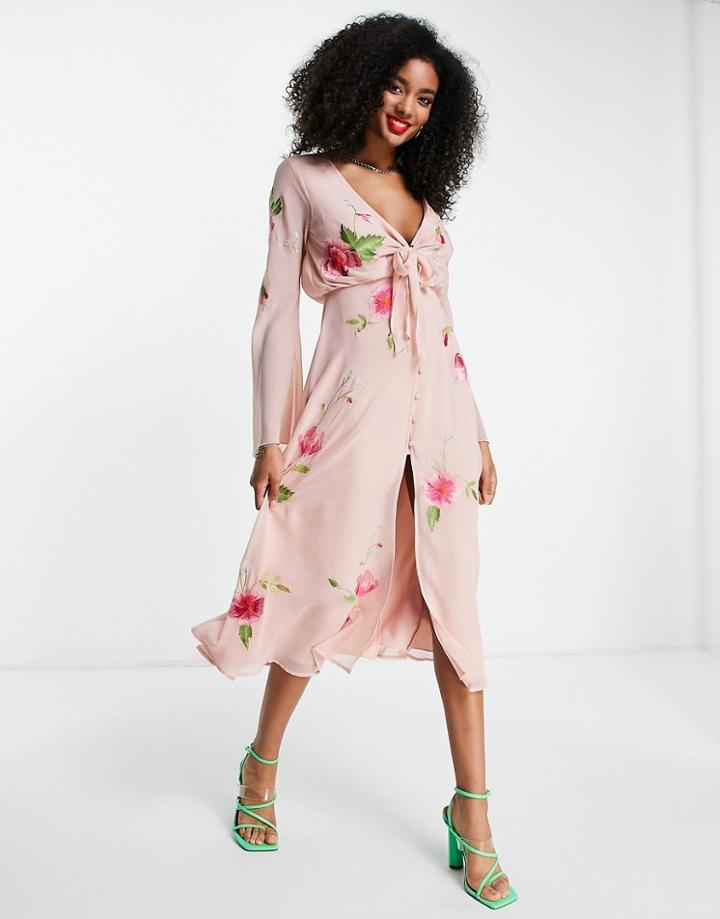 Asos Deisgn Tie Front Button Through Midi Dress With Floral Embroidery In Blush-pink