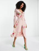 Asos Deisgn Tie Front Button Through Midi Dress With Floral Embroidery In Blush-pink