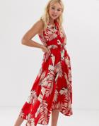 Qed London Collared Wrap Front Midi Dress In Red Floral - Red