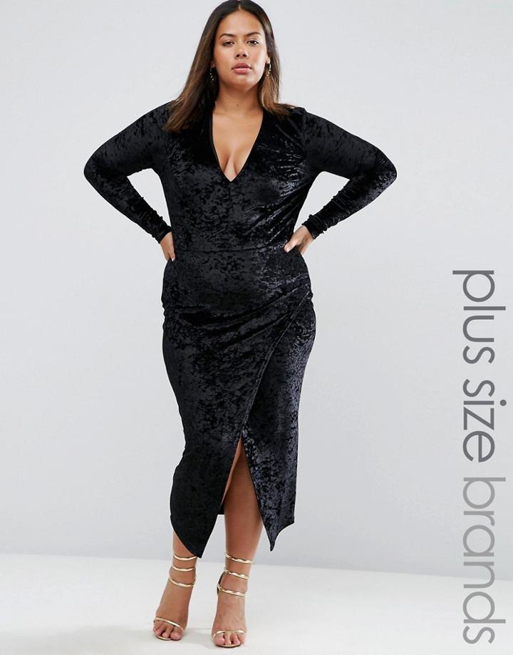 Club L Plus Crushed Velvet Dress With Asymmetric Hem - Black