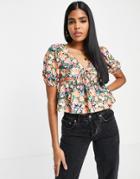 Asos Design Textured Puff Sleeve Milkmaid Top In Ditsy Print-multi