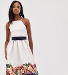 Chi Chi London Tall Floral Skater Dress In With Bow Belt In Pink - Multi