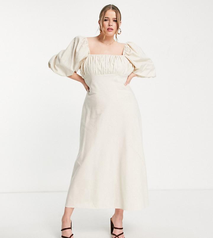 Asos Design Curve Square Neck Midi Dress With Elastic Detail In Linen In Beige-neutral