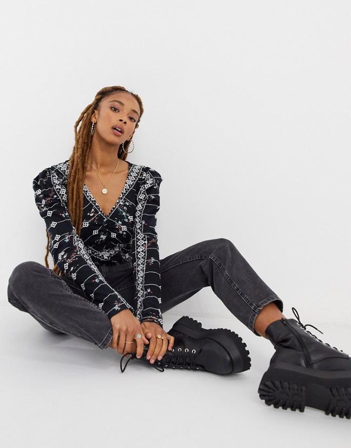 Asos Design Eyelet Detail Top In Floral Print With Ruched Front-black