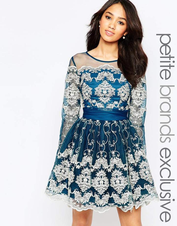 Chi Chi London Petite Metallic Lace Long Sleeve Prom Dress - Teal