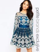 Chi Chi London Petite Metallic Lace Long Sleeve Prom Dress - Teal