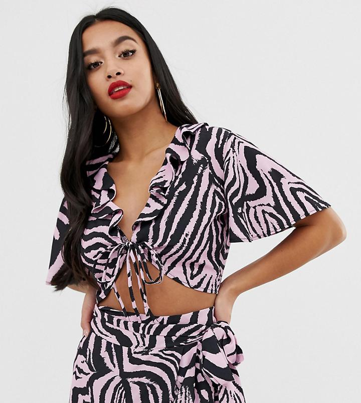 John Zack Petite Crop Tie Front Top In Pink Zebra Print-multi