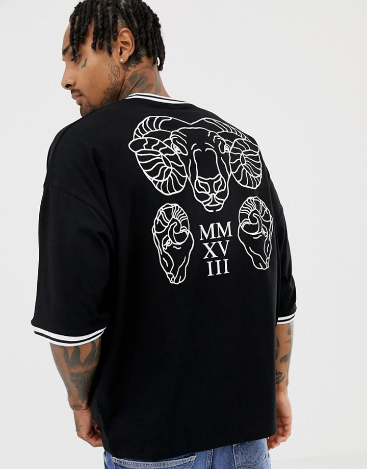 Asos Design Oversized T-shirt With Ram Line Drawing And Tipped Rib With Half Sleeve - Black