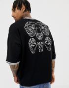 Asos Design Oversized T-shirt With Ram Line Drawing And Tipped Rib With Half Sleeve - Black