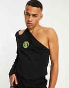 Asos Design Slim Fit Long Sleeve One Shoulder T-shirt In Black With Dragon Embroidery