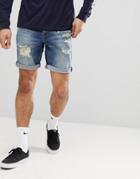 Asos Design Denim Shorts In Skinny Dark Wash Blue With Heavy Rips - Blue