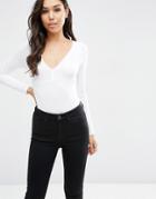 Asos Plunge Neck Top With Long Sleeves - White