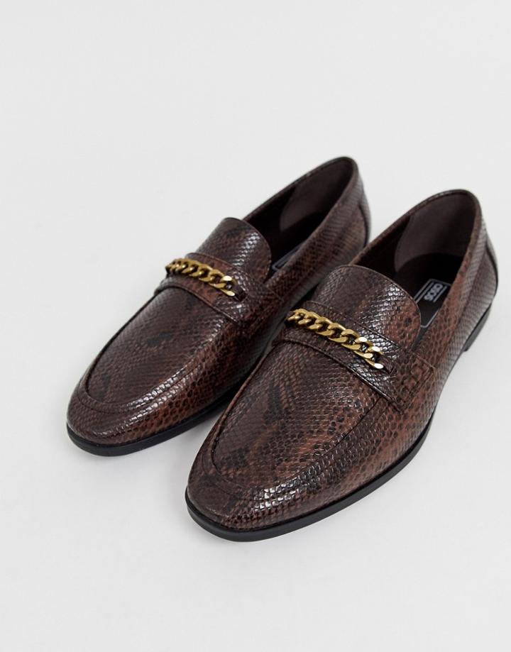 Asos Design Loafers In Faux Leather With Snake Effect-brown