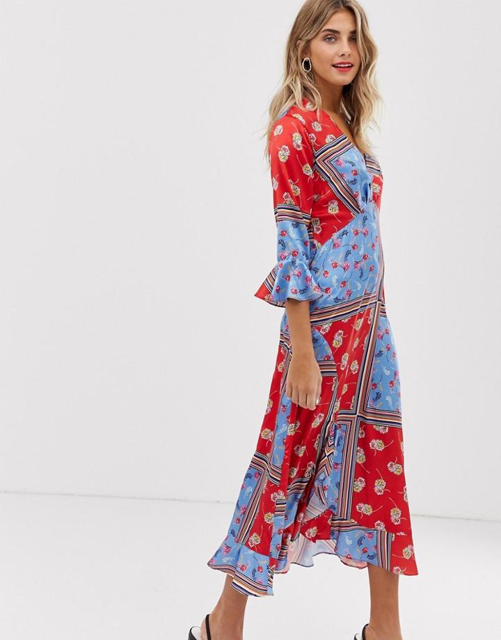 Liquorish Wrap Front Midaxi Dress In Floral Scarf Print - Multi