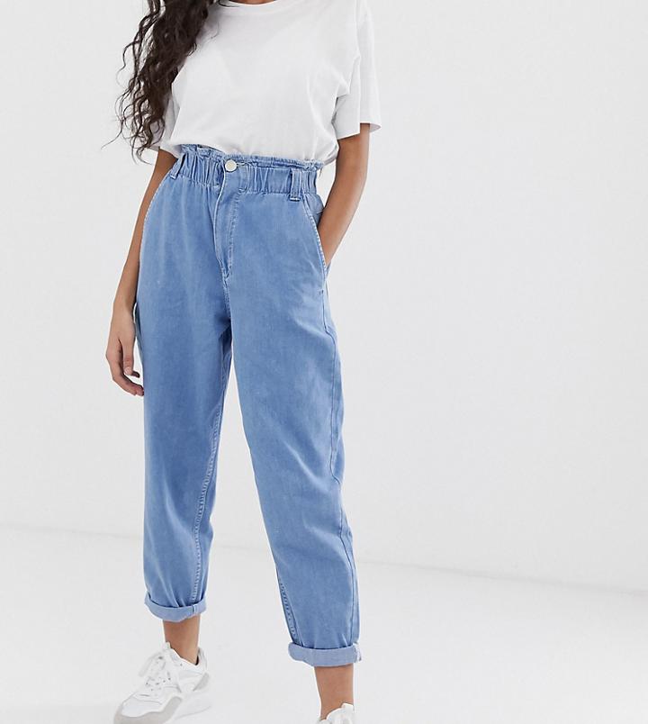 Asos Design Petite Soft Peg Jeans In Light Vintage Wash With Elasticated Cinch Waist Detail - Blue