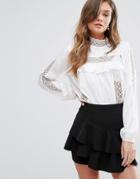 Miss Selfridge Lace Insert Frill Yoke Blouse - White