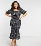 True Violet Plus Square Neck Puff Sleeve Fishtail Midi Dress In Black Spot Print