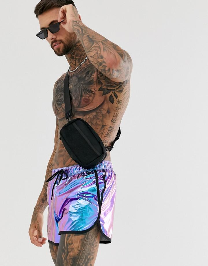 Asos Design Festival Runner Swim Shorts In Purple Shiny Iridescent Fabric - Purple