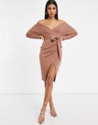 Asos Design Off-the-shoulder Wrap Batwing Sleeve Midi Dress With Self Tie Belt In Brown-multi