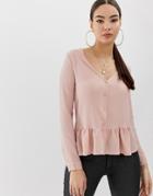 Boohoo Basic Frill Peplum Hem Button Through Blouse In Nude - Pink