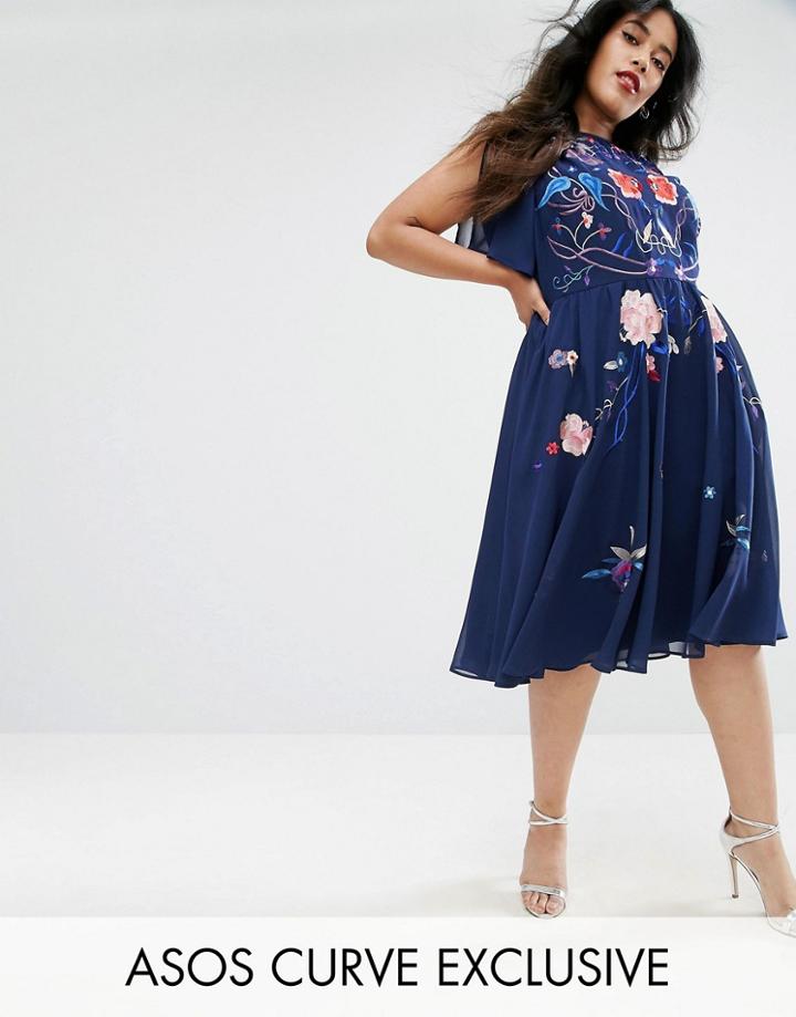 Asos Curve Embroidered Midi Skater Dress With Split Sleeve - Navy