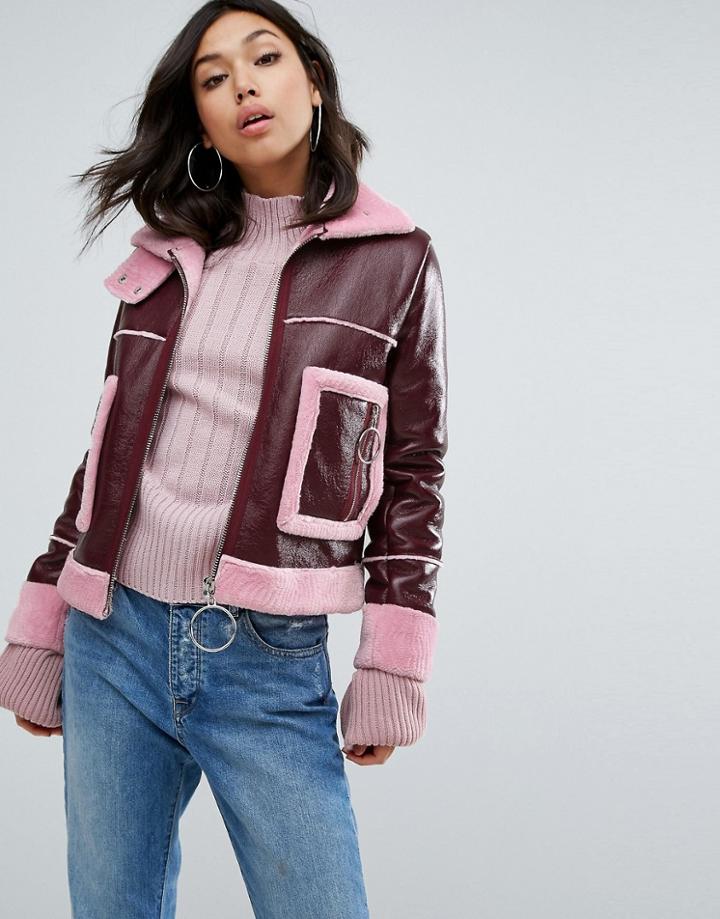 Boohoo Faux Fur Trim Vinyl Aviator Jacket - Red