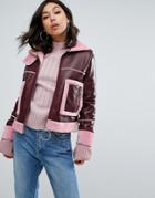 Boohoo Faux Fur Trim Vinyl Aviator Jacket - Red