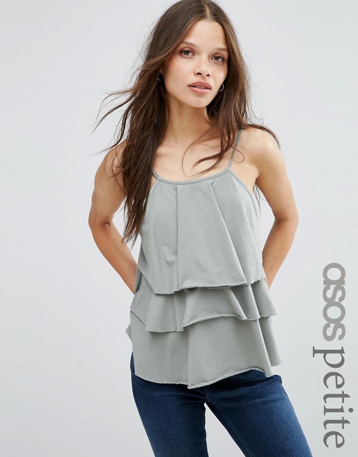 Asos Petite Cami With Washed Ruffles - Khaki