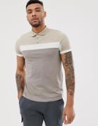 Asos Design Polo Shirt With Contrast Panels In Beige - Blue