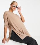 Asos Design Maternity Oversized Ribbed T-shirt With Side Slit In Biscuit-neutral