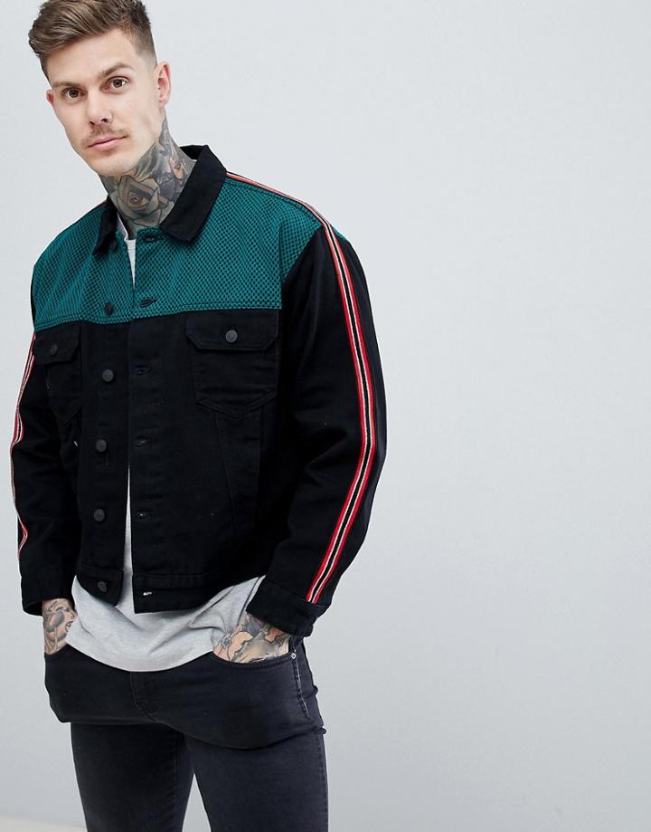 Asos Design Festival Oversized Denim Jacket With Mesh In Black - Black