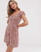 Pull & Bear Pacific Ditsy Floral Square Neck Dress In Red - Red