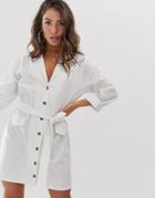 Asos Design Mini Shirt Dress With Belt In Linen - White