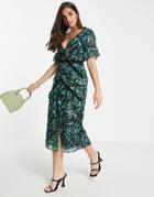 Hope & Ivy Contrast Lace Midi Tea Dress In Blue And Green Floral-multi