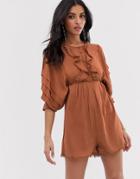 Lost Ink Relaxed Romper In Textured Fabric With Broderie Trim - Red