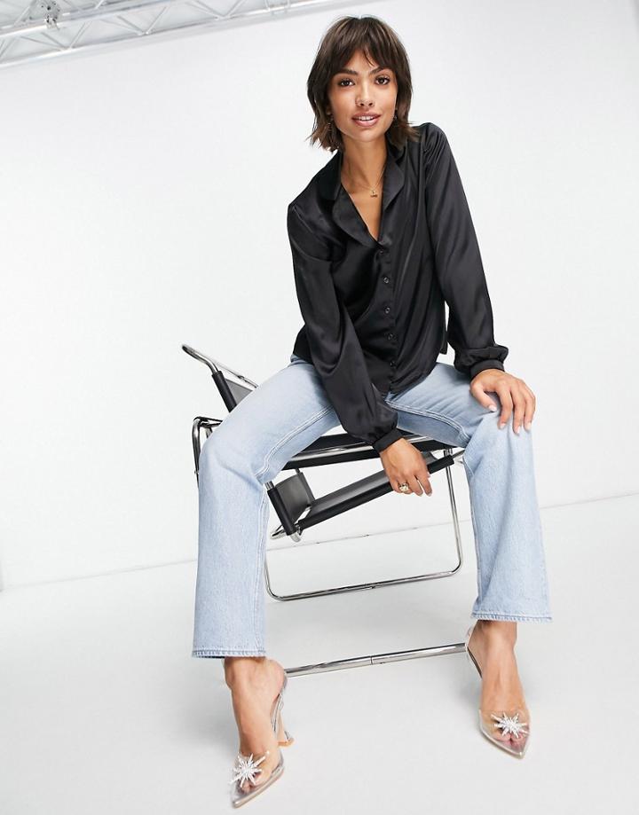 Flounce London Open Collar Satin Shirt In Black