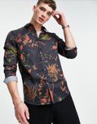 Asos Design Satin Shirt In Black Floral Print