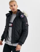 Tommy Jeans Technical Quilted Bomber In Black With Faux Fur Trim And Sleeve Logo
