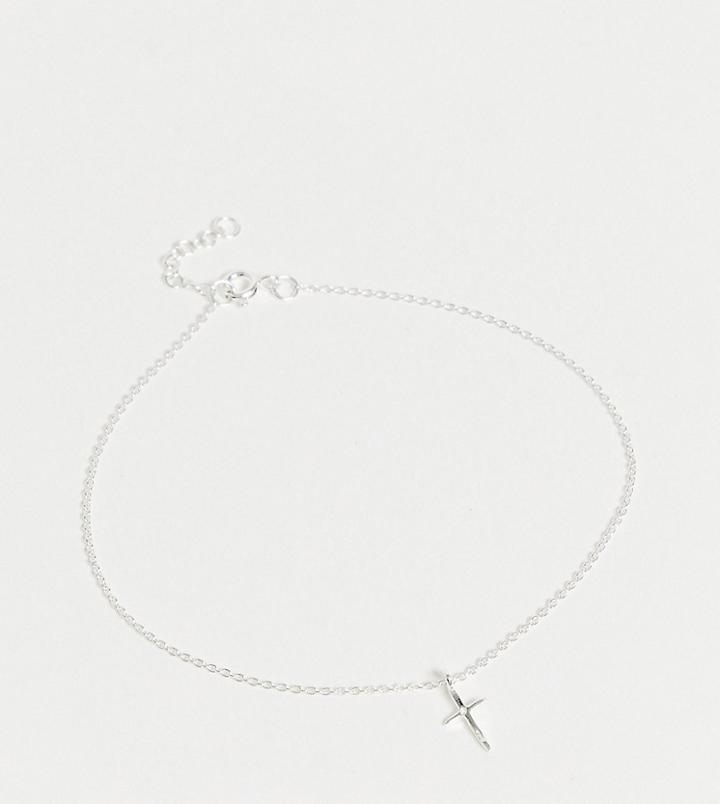 Asos Design Sterling Silver Anklet With Tiny Cross Charm