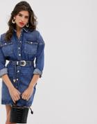 River Island Mini Denim Shirt Dress In Mid Wash-blue