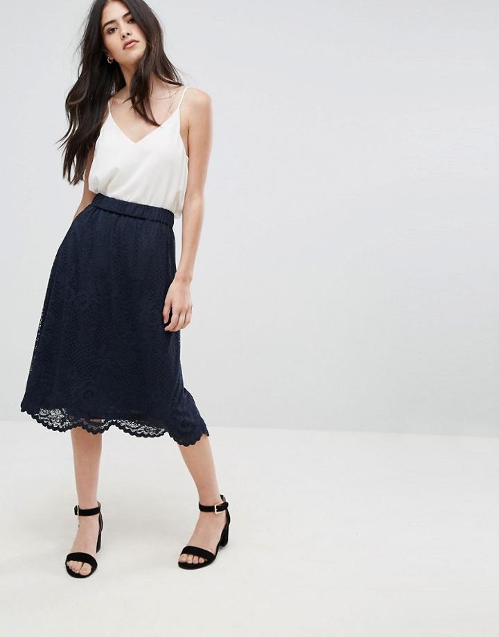 Vila Lace Trim Midi Skirt - Navy