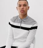 Asos Design Tall Long Sleeve Polo Shirt With Zip Neck And Color Block In White