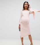 Asos Design Maternity Bodycon Dress With Flute Sleeve - Pink
