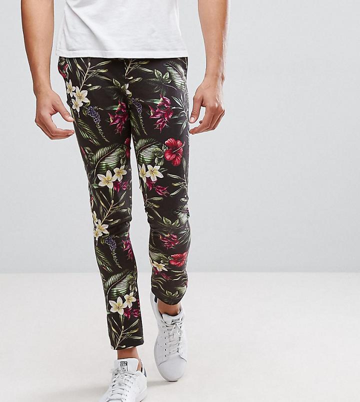 Asos Tall Super Skinny Pants In Bright Floral Leaf Print - Black