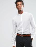 Asos Shirt In White Sheer Stripe With Grandad Collar In Regular Fit - White