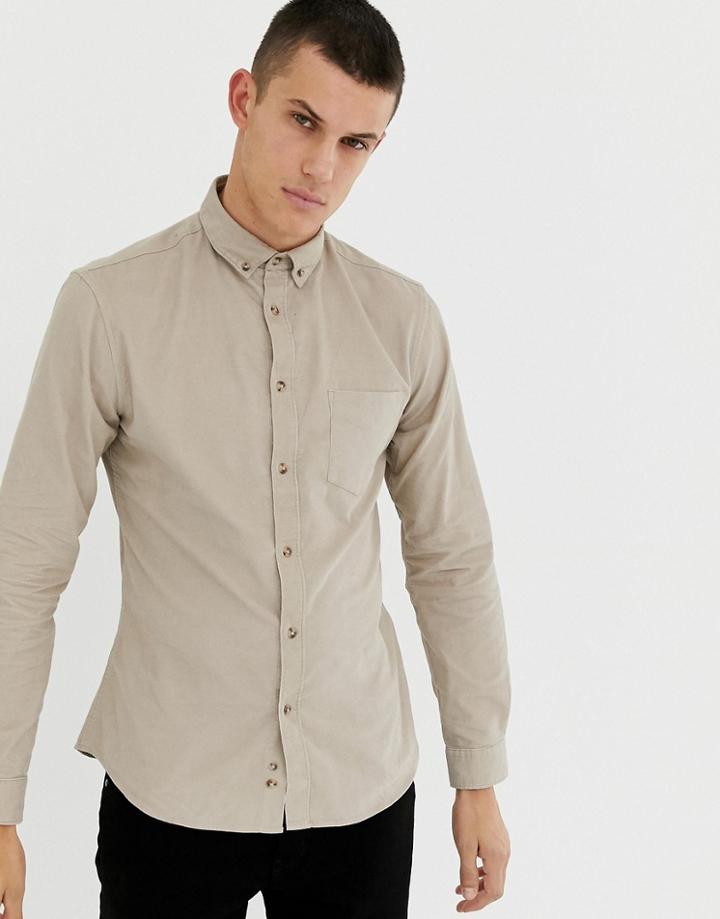 Celio Long Sleeve Cord Shirt In Beige - Beige