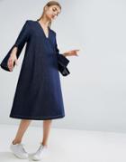 Asos White Square Neck Denim Midi Dress With Split Sleeve - Blue