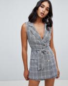 Lipsy Tux Romper In Monochrome Check-multi