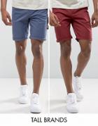 Asos Tall 2 Pack Slim Chino Shorts In Burgundy & Indigo Save - Multi