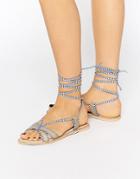 Asos Feeling Leather Tie Leg Flat Sandals - Blue Stripe